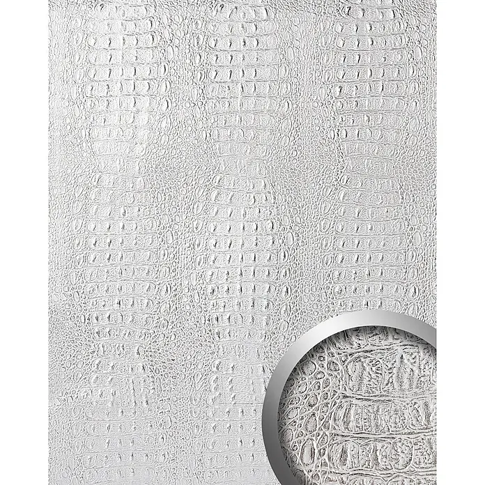 Wallface Wandpaneel 13520 CROCO Design Struktur Wand-Paneel Verkleidung silber-grau 2,60 qm - grau, 2.600 x 1.000 mm - Weißes, geprägtes Krokodillederimitat mit kreisförmigem Ausschnitt für vergrößerte Musteransicht.