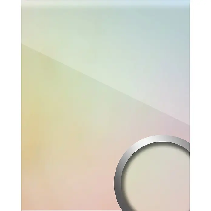 Wallface Wandpaneel 23116 HOLLYWOOD Wandpaneel Glas Optik gelb rosa transparent 2,6 m2 - rosa, 2.600 x 1.000 mm - Abstrakter Hintergrund mit Pastellverlauf und einem teilweise sichtbaren silbernen Metallring unten rechts.
