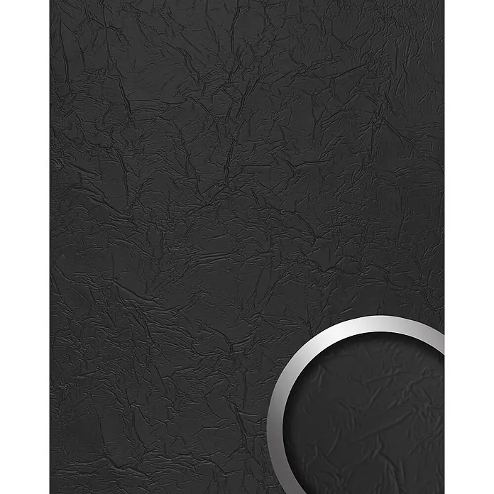 Wallface Wandpaneel 24942 CREPA Graphite Black Wandverkleidung 3D matt schwarz 2,6 m2 - 2.600 x 1.000 mm - Dunkelgraue, stark zerknitterte Textur. Ein silberner Ring in der Ecke hebt das Material hervor.