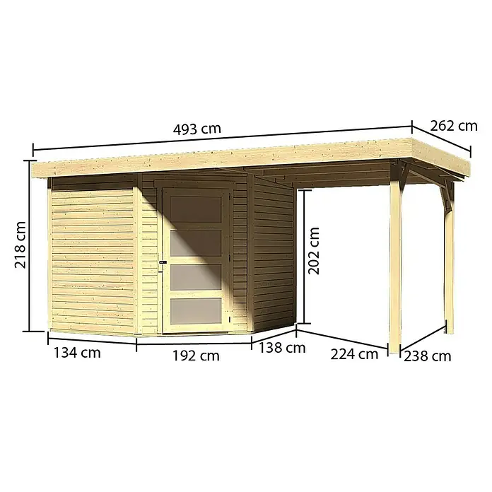 Karibu Gartenhaus Schwandorf 5 - Außenmaß inkl. Dachüberstand (B x T): 492,5 x 262 cm, Holz, Natur, Mit Anbaudach - Abbildung eines Holzschuppens mit Vordach, einschließlich Maßangaben zu Höhe, Breite und Tiefe in Zentimetern zur Produktvisualisierung.