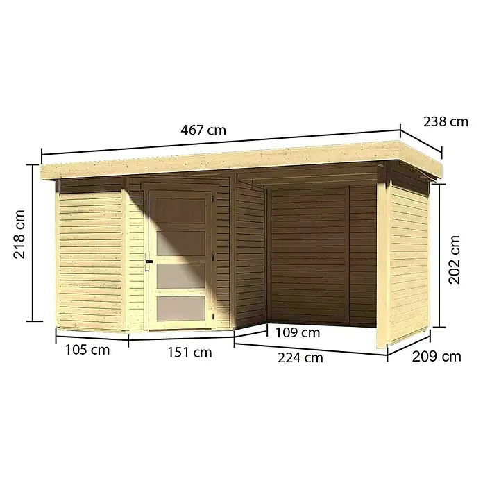 Karibu Gartenhaus Schwandorf 3 - Außenmaß inkl. Dachüberstand (B x T): 467 x 238 cm, Holz, Natur, Mit Anbaudach, Seiten- und Rückwand - Ansicht des Holzschuppens mit Abmessungen: 218 cm Höhe, 467 cm Länge und 238 cm Tiefe.