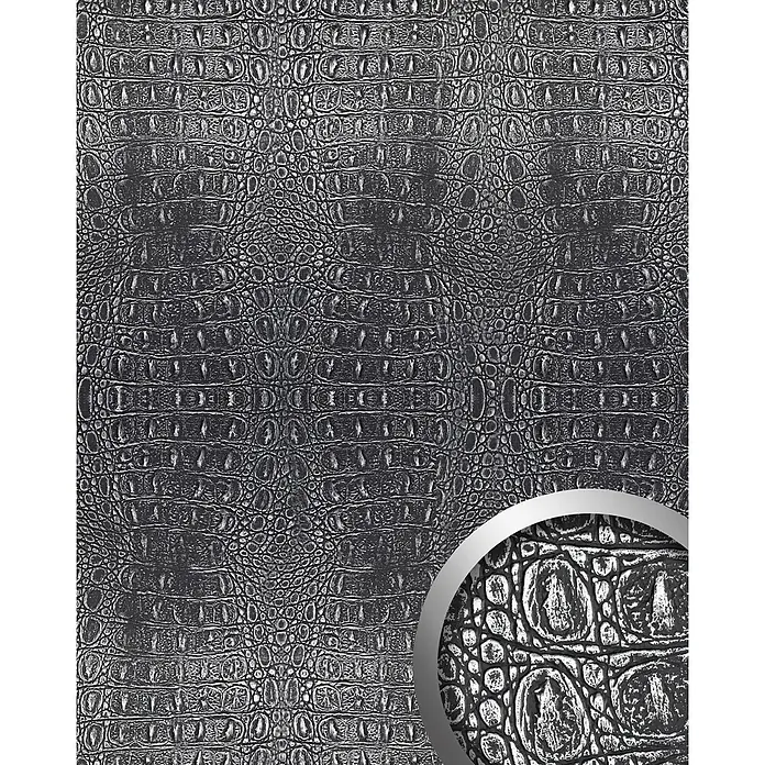 Wallface Wandpaneel 13521 CROCO Design Struktur Wand-Paneel 3D Verkleidung silber 2,60 qm - schwarz, 2.600 x 1.000 mm - Nahaufnahme einer schwarzen Alligatorleder-Textur mit detaillierten Schuppen.