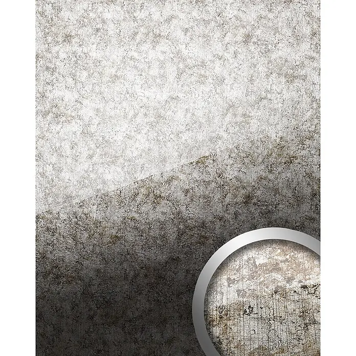 Wallface Wandpaneel 17199 VINTAGE Wandpaneel Glas-Optik Luxus Dekor silber grau 2,60 qm - silber, 2.600 x 1.000 mm - Weißer runder Rahmen mit vergrößerter Ansicht einer grau-braunen strukturierten Oberfläche.