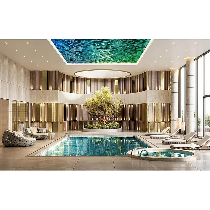 Wallface Wandpaneel 27207 OCEAN Aqua Wandpaneel in Metall-Optik holographisch blau 2,6 m2 - grün, 2.600 x 1.000 mm - Luxuriöser Innenpool- und Spa-Bereich mit großem Baum, Lounge-Sitzgelegenheiten und strukturierten Wänden.