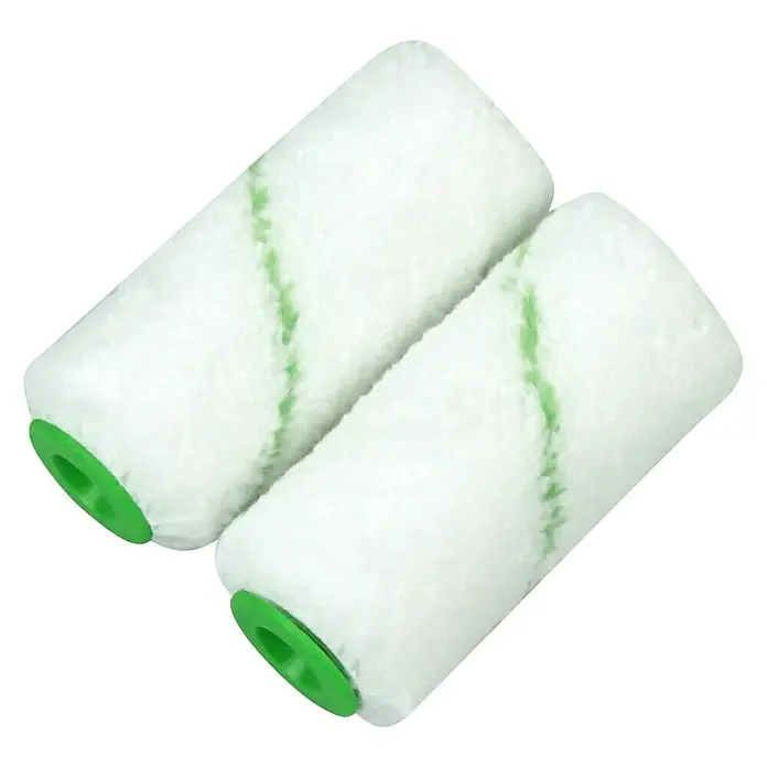 swingcolor Premium Lasurwalze - 2 Stk., Breite Walze: 5 cm, Bügelstärke: 6 mm, Florhöhe: 5 mm - Nahaufnahme von zwei Mini-Farbwalzen mit grünem Streifen und grünen Enden. Ideal für präzise Malerarbeiten.