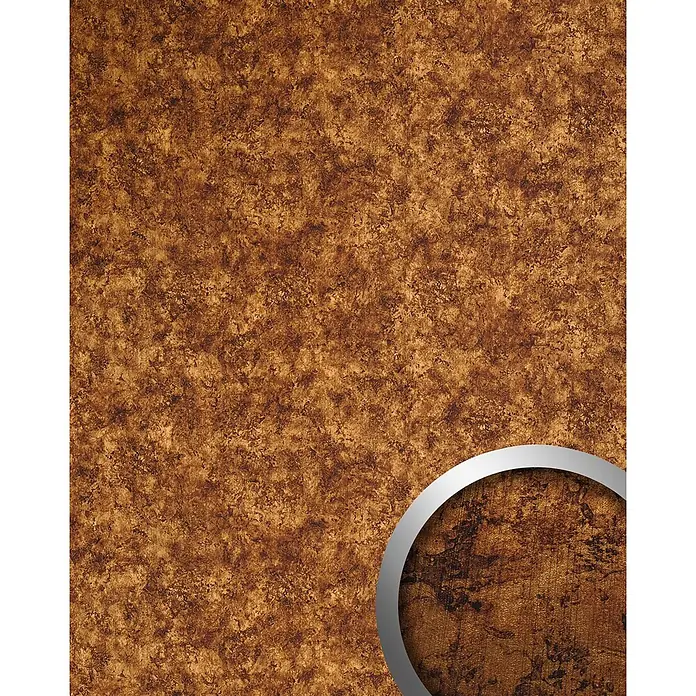 Wallface Wandpaneel 17277 DECO VINTAGE Wandpaneel Metall-Rost-Optik kupfer braun 2,60 qm - 2.600 x 1.000 mm - Dunkelbraune, marmorierte Textur. Ein silberner Kreis zeigt eine dunklere, stärker zerkratzte braune Oberfläche.