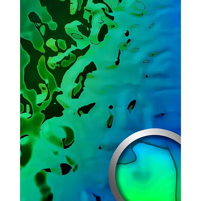Wallface Wandpaneel 27207 OCEAN Aqua Wandpaneel in Metall-Optik holographisch blau 2,6 m2 - grün, 2.600 x 1.000 mm - Silbergerahmtes, kreisförmiges Element mit lebhaften grün-blauen Flüssigkeitsmustern.