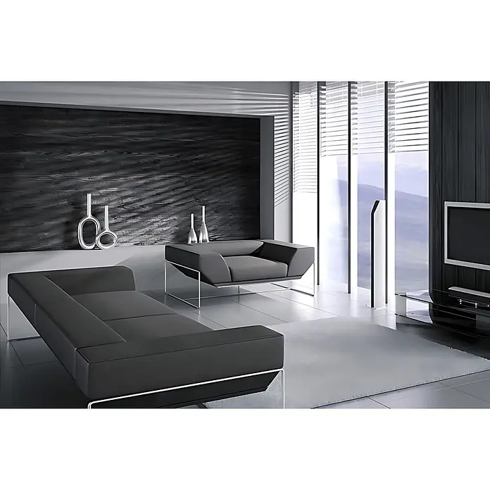Wallface Wandpaneel 25154 CARBONIZED WOOD Wandpaneel Holz-Optik matt anthrazit-grau 2,6 m2 - grau, 2.600 x 1.000 mm - Dunkelgraues modulares Sofa und Sessel mit klaren, eleganten Gestellen in einem minimalistischen Wohnzimmer.