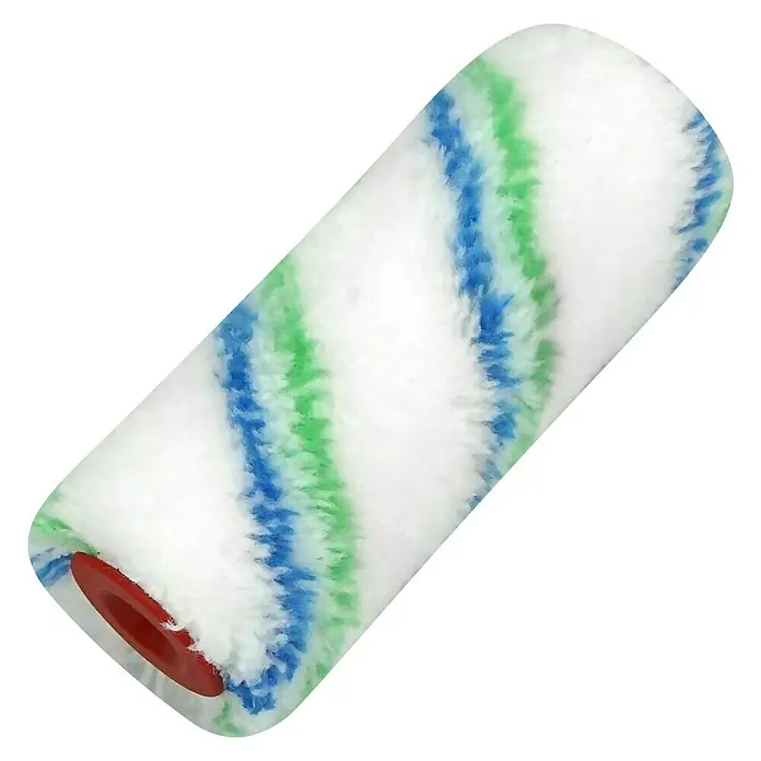 swingcolor Komfort Farbwalze - 1 Stk., Breite Walze: 12 cm, Bügelstärke: 6 mm - Nahaufnahme einer Farbwalze mit blauen und grünen Streifen auf weißem Grund und roter Halterung.