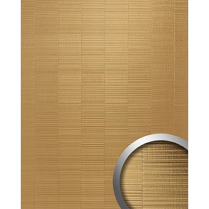 Wallface Wandpaneel 24962 NOTCH Gold Wandverkleidung unifarben glänzend gold 2,6 m2 - 2.600 x 1.000 mm - Goldene strukturierte Oberfläche mit horizontalen Rillen, ideal für Wandverkleidungen.