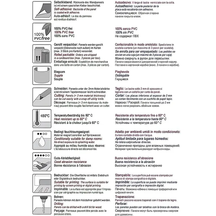 Wallface Wandpaneel 19091 CEMENT LIGHT Wandpaneel Beton Zement Optik grau 2,60 qm - 2.600 x 1.000 mm - Icons und Texte beschreiben Eigenschaften von Wandpaneelen wie selbstklebend, PVC-frei, rollbar, flexibel, hitzebeständig und bedruckbar.