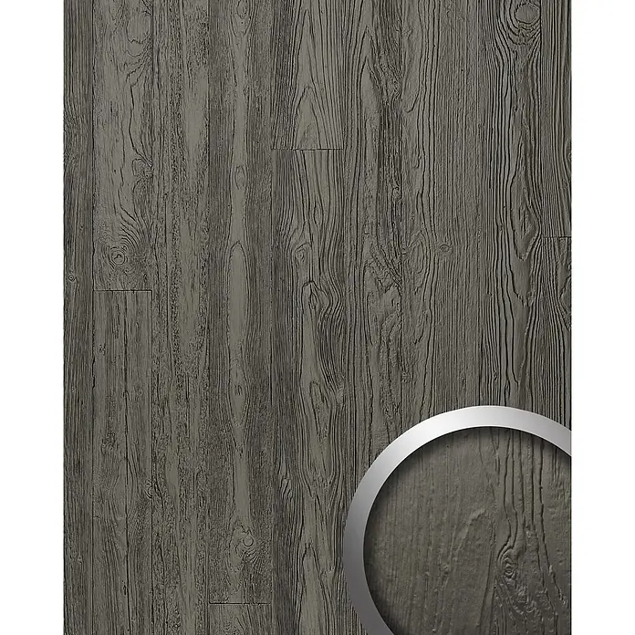 Wallface Wandpaneel 24952 Smoke PF Wandverkleidung mit Natur Dekor seidenmatt anthrazit 2,6 m2 - 2.600 x 1.000 mm - Dunkelgrauer, texturierter Holzboden mit ausgeprägter Maserung.