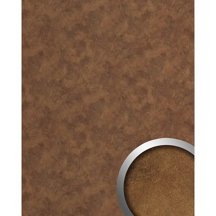 Wallface Wandpaneel 26523 OXIDIZED Wandpaneel Rost Metall-Optik selbstklebend kupfer 2,6 m2 - kupfer-braun, 2.600 x 1.000 mm - Braune, texturierte Materialprobe mit silberrandigem kreisförmigem Detail.