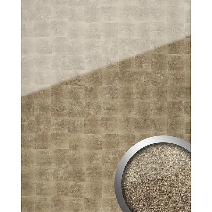 Wallface Wandpaneel 17841 LUXURY Wandpaneel Glas-Optik Cubes-Muster bronze grau 2,60 qm - 2.600 x 1.000 mm - Strukturierte beige Tapete mit dezentem Karomuster und einer Nahaufnahme ihrer körnigen Oberfläche.