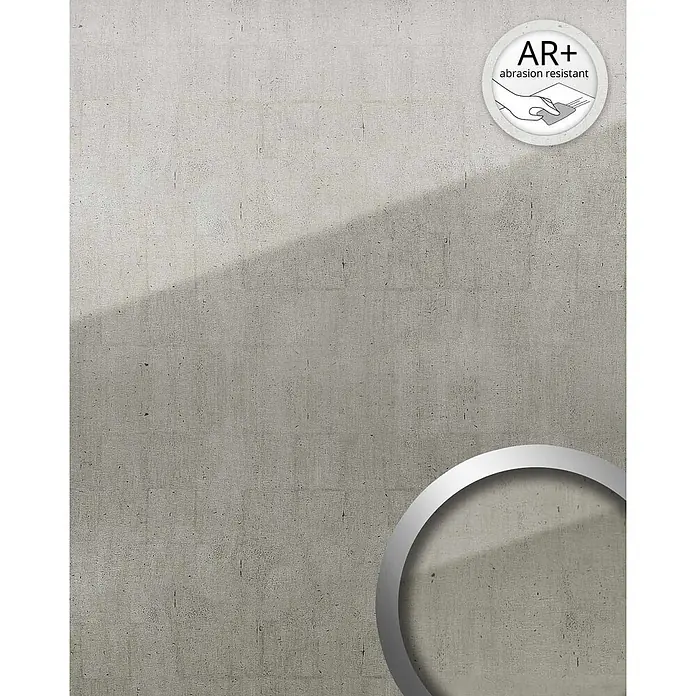 Wallface Wandpaneel 18001 Wandpaneel Glas-Optik Metall Vintage Dekor platin-grau 2,60 qm - 2.600 x 1.000 mm - Hellgraue, strukturierte Oberfläche mit „AR+ abriebfest“ Kennzeichnung und vergrößertem Detail.