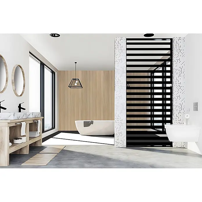 Wallface Wandpaneel 19570-NA Antigrav Maple Alpine Dekorpaneel in Holz Optik braun 2,6 m2 - hell-braun, 2.600 x 1.000 mm - Modernes Badezimmer mit Doppelwaschtisch aus Holz, freistehender Wanne und Lamellenduschwand.