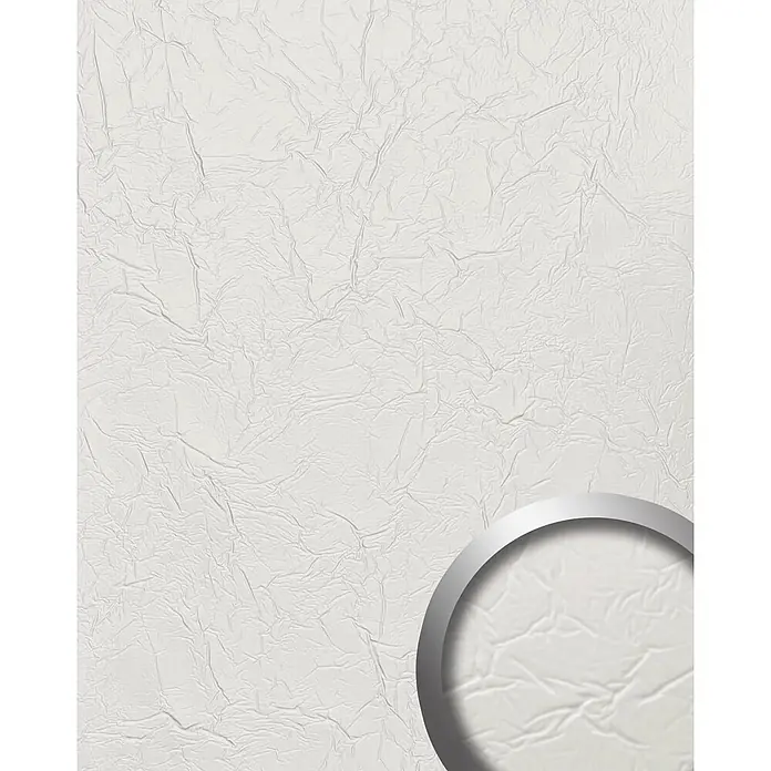 Wallface Wandpaneel 24943 CREPA Snow White Wandverkleidung 3D matt weiß 2,6 m2 - 2.600 x 1.000 mm - Zusammengeknüllte weiße Papiertextur mit vergrößertem Detail in einem silbergerahmten Kreis.