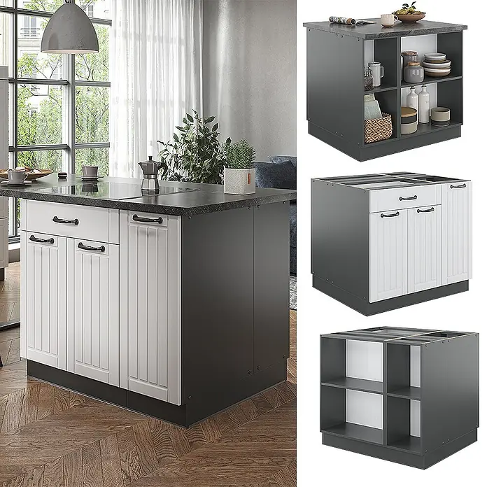 Vicco Inselküche Fame-Line Weiß Landhaus/Anthrazit mit Schublade, ohne Arbeitsplatte - Breite: 90 cm, Weiß Landhaus, Ohne Elektrogeräte - Modulare Kücheninsel mit dunkelgrauem Rahmen, weißen Paneeltüren und offenen Regalen, mit Komponentenansichten.