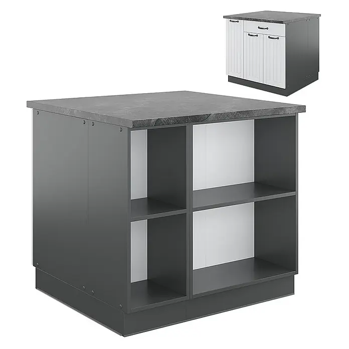 Vicco Inselküche Fame-Line Weiß Landhaus/Anthrazit mit Schublade, ohne Arbeitsplatte - Breite: 90 cm, Weiß Landhaus, Ohne Elektrogeräte - Dunkelgraue Kücheninsel mit Arbeitsplatte in Steinoptik und offenen Regalen auf einer Seite.