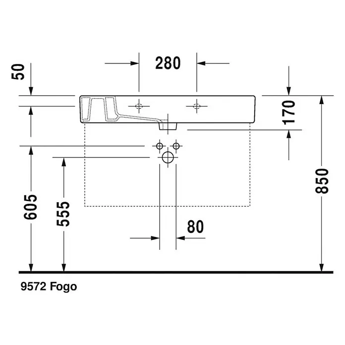 Duravit Vero Waschtisch - 85 x 49 cm, Mit schmutzabweisender Glasur, Hahnloch: Mitte, Mit Überlauf, Weiß, Ungeschliffen - Technische Zeichnung des Fogo 9572 Waschbeckens mit Maßangaben. Darstellung der Abmessungen für Installation und Design.