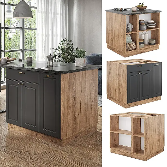 Vicco Inselküche Fame-Line Anthrazit Landhaus mit Schublade, ohne Arbeitsplatte - Breite: 90 cm, Anthrazit Landhaus, Ohne Elektrogeräte - Moderne Kücheninsel mit dunkelgrauen Schränken, Holzseitenwänden und dunkler Arbeitsplatte. Mit Schubladen, geschlossenen Fächern und offenen Regalen.