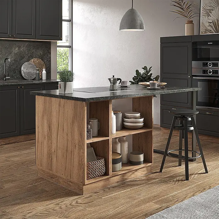 Vicco Inselküche Fame-Line Anthrazit Landhaus mit Schublade, ohne Arbeitsplatte - Breite: 90 cm, Anthrazit Landhaus, Ohne Elektrogeräte - Kücheninsel aus Holz mit dunkler Arbeitsplatte, integriertem Kochfeld und offenen Ablagefächern.