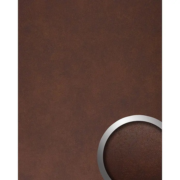 Wallface Wandpaneel 25548 Corten Nature Wandverkleidung im Used look matt braun 2,6 m2 - rot-braun, 2.600 x 1.000 mm - Braune, texturierte Oberfläche mit einem silbernen Metallring-Design.