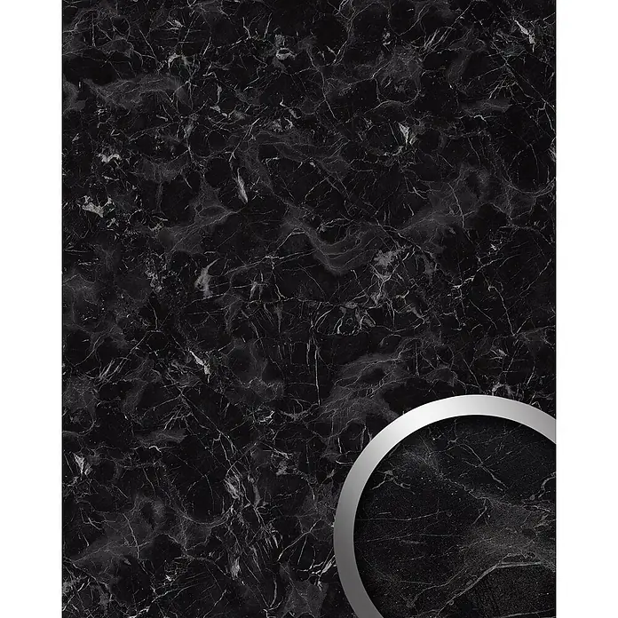 Wallface Wandpaneel 23099 MARBLE Black Wandverkleidung in Marmor Optik matt schwarz 2,60 m2 - grau, 2.600 x 1.000 mm - Schwarze Marmorstruktur mit eleganter weißer Äderung, akzentuiert durch einen teilweisen silbernen Metallring.