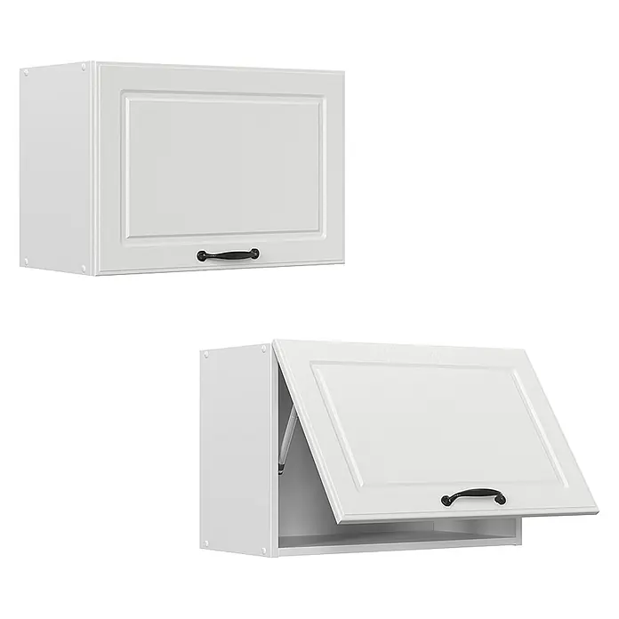 Vicco Schrankküche R-Line Weiß Landhaus Flach - Weiß Landhaus, Hängeschrank 60 cm (flach) - Weißer Küchenhängeschrank mit Kassettentür, geschlossen und mit Klappenbeschlag dargestellt.