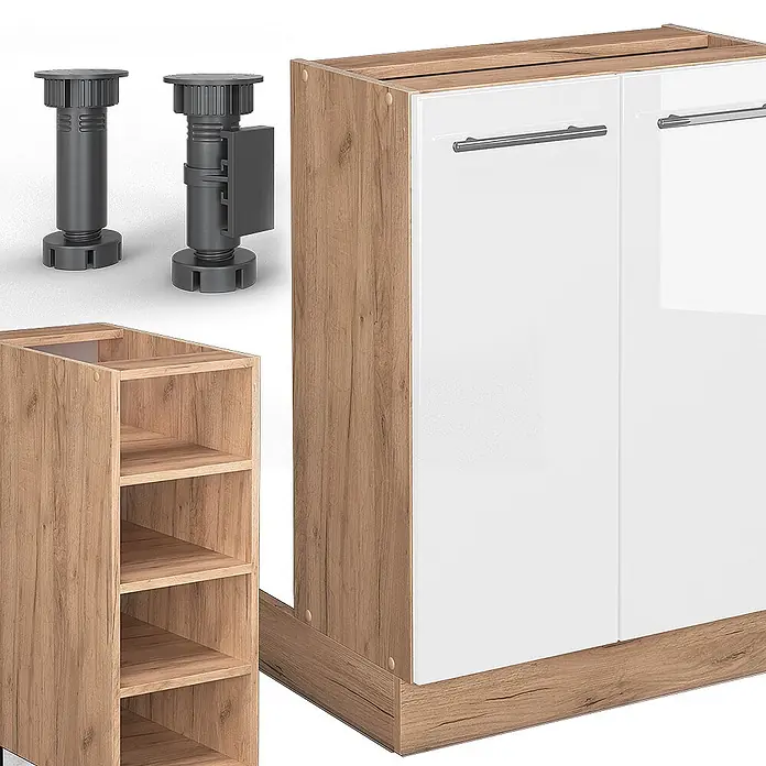 Vicco Inselküche Fame-Line Weiß Hochglanz/Goldkraft Eiche ohne Arbeitsplatte - Weiß Hochglanz, Ohne Elektrogeräte - Modulare Küchenschrankteile: Unterschrank mit weißen Hochglanztüren, Holzoptik-Seiten, offenes Regal und verstellbare dunkelgraue Kunststofffüße.