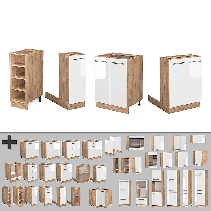 Vicco Inselküche Fame-Line Weiß Hochglanz/Goldkraft Eiche ohne Arbeitsplatte - Weiß Hochglanz, Ohne Elektrogeräte - Modulare Küchenschränke aus hellem Holz mit weißen Hochglanzfronten für flexible Gestaltung.