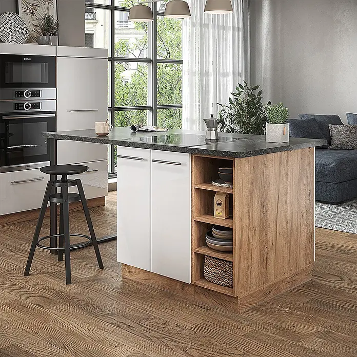 Vicco Inselküche Fame-Line Weiß Hochglanz/Goldkraft Eiche ohne Arbeitsplatte - Weiß Hochglanz, Ohne Elektrogeräte - Moderne Kücheninsel mit weißen Hochglanzschränken, Holzregalen und dunkler Arbeitsplatte in einem offenen Wohnbereich.