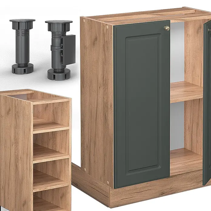 Vicco Inselküche Fame-Line Grün-Gold Landhaus/Goldkraft Eiche ohne Arbeitsplatte - Grün-Gold Landhaus, Ohne Elektrogeräte - Verstellbare dunkelgraue Möbelfüße, Holz-Unterschrank mit dunkelgrüner Tür und offenes Regal.