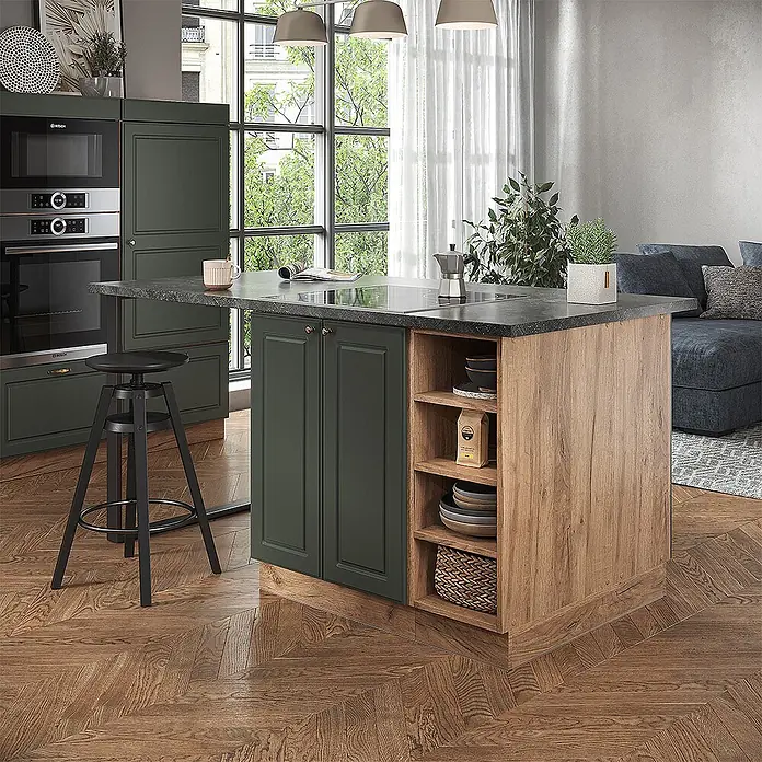 Vicco Inselküche Fame-Line Grün-Gold Landhaus/Goldkraft Eiche ohne Arbeitsplatte - Grün-Gold Landhaus, Ohne Elektrogeräte - Moderne Kücheninsel mit dunkelgrünen Schränken, Holzregalen und dunkler Arbeitsplatte, als Raumteiler.