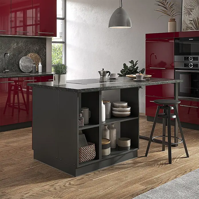 Vicco Inselküche Fame-Line Bordeaux Hochglanz mit Schublade, ohne Arbeitsplatte - Breite: 90 cm, Bordeaux Hochglanz, Ohne Elektrogeräte - Dunkelgraue Kücheninsel mit integriertem Kochfeld und offenen Regalen, dient als vielseitige Arbeitsfläche und Essbereich.