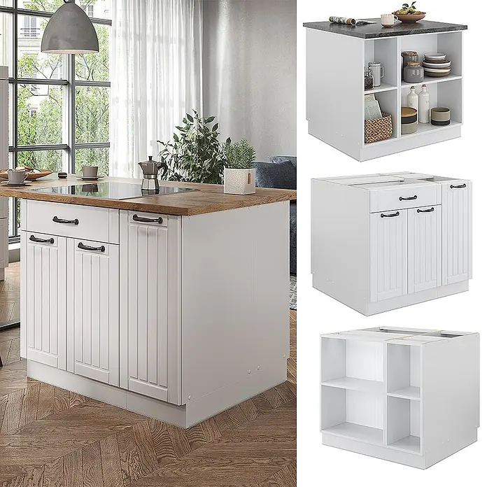 Vicco Inselküche Fame-Line Weiß Landhaus/Weiß mit Schublade, ohne Arbeitsplatte - Weiß Landhaus, Ohne Elektrogeräte - Weiße Kücheninsel mit Holzplatte, Kochfeld, Schubladen, vertäfelten Türen und offenen Regalen in einer modernen Küche.