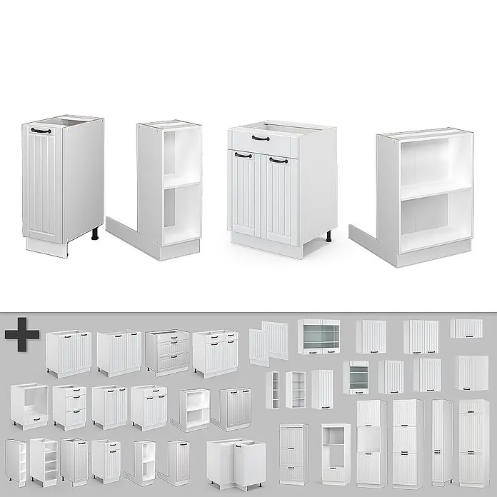 Vicco Inselküche Fame-Line Weiß Landhaus/Weiß mit Schublade, ohne Arbeitsplatte - Weiß Landhaus, Ohne Elektrogeräte - Weiße Küchenunter- und Oberschränke in verschiedenen Konfigurationen mit Schubladen, Türen und offenen Regalen.