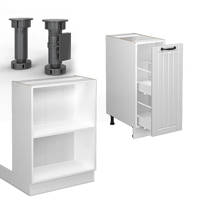 Vicco Inselküche Fame-Line Weiß Landhaus/Weiß mit Schublade, ohne Arbeitsplatte - Weiß Landhaus, Ohne Elektrogeräte - Weiße Küchenunterschränke (offenes Regal und Auszugsschrank) mit verstellbaren Füßen.
