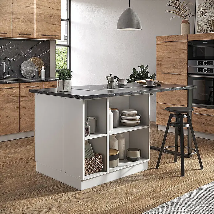 Vicco Inselküche Fame-Line Goldkraft Eiche/Weiß mit Schublade, ohne Arbeitsplatte - Breite: 90 cm, Goldkraft Eiche, Ohne Elektrogeräte - Weiße Kücheninsel mit schwarzer Marmorplatte, integriertem Kochfeld, Ablagefächern und erweiterter Theke in moderner Küche.