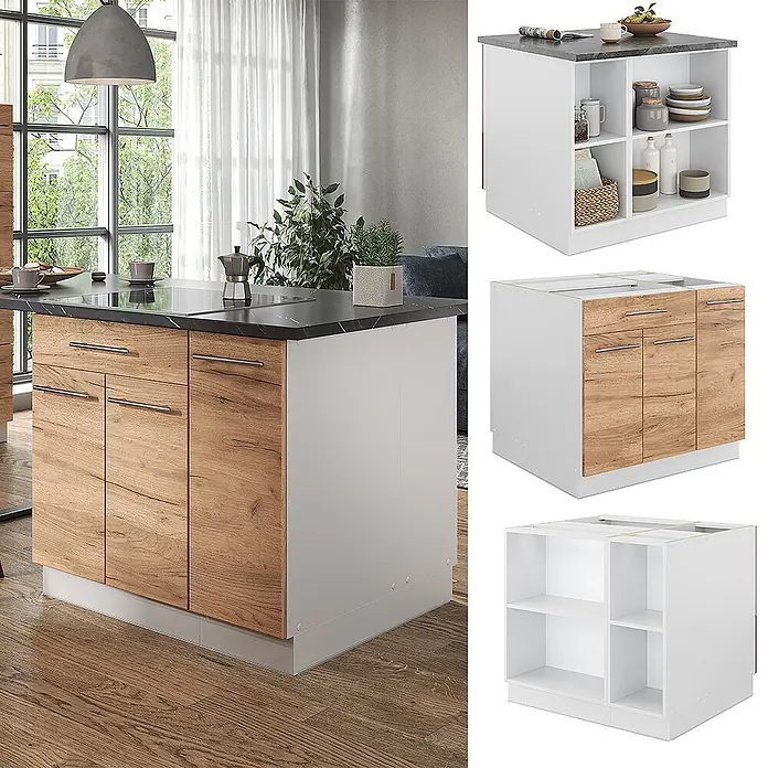 Vicco Inselküche Fame-Line Goldkraft Eiche/Weiß mit Schublade, ohne Arbeitsplatte - Breite: 90 cm, Goldkraft Eiche, Ohne Elektrogeräte - Moderne Kücheninsel mit Holzoptik- und weißen Schränken, dunkler Arbeitsplatte, als Koch- und Stauraum in einer Küche genutzt.