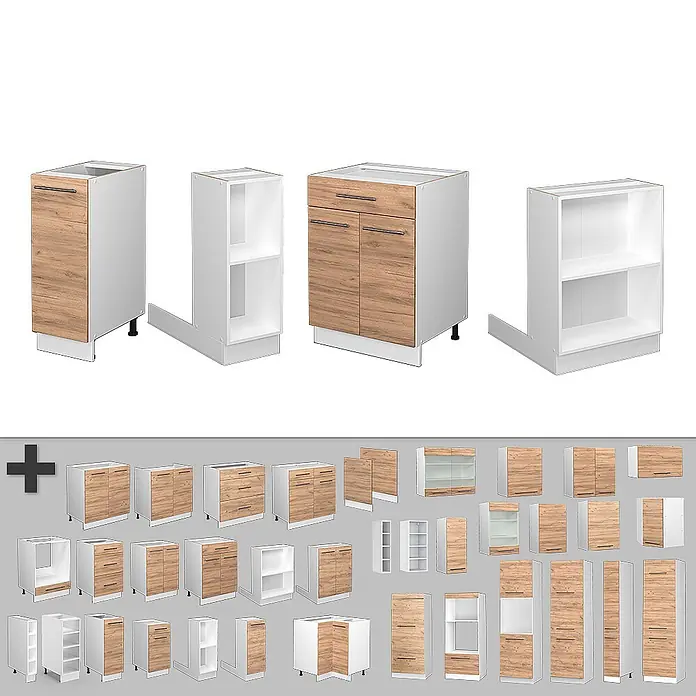 Vicco Inselküche Fame-Line Goldkraft Eiche/Weiß mit Schublade, ohne Arbeitsplatte - Breite: 90 cm, Goldkraft Eiche, Ohne Elektrogeräte - Modulares Küchenschranksystem mit weißen Korpen und hellen Holzfronten, inklusive Unter- und Oberschränken sowie verschiedenen Stauraumoptionen.