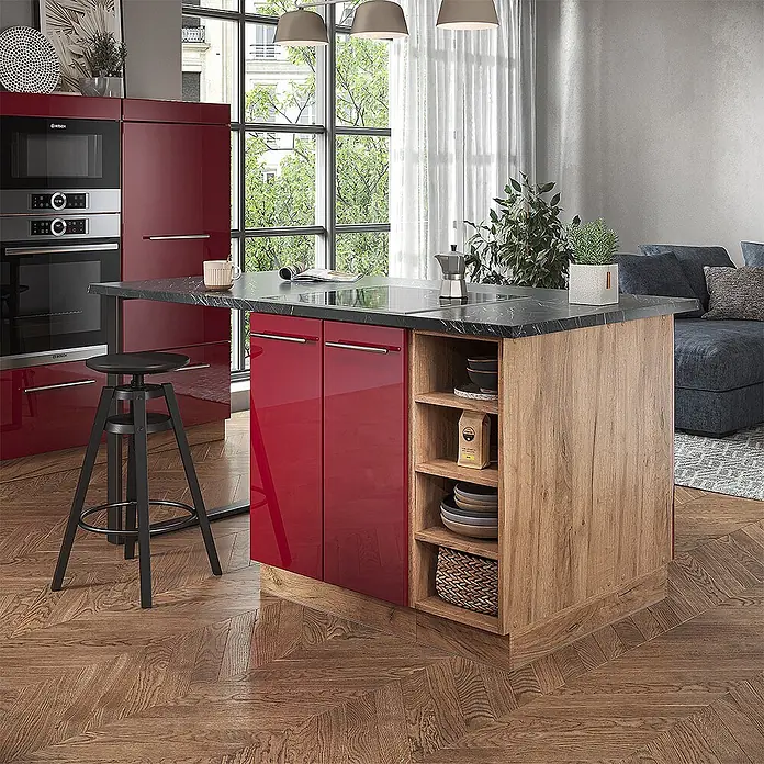 Vicco Inselküche Fame-Line Bordeaux Hochglanz/Goldkraft Eiche ohne Arbeitsplatte - Bordeaux Hochglanz, Ohne Elektrogeräte - Moderne Kücheninsel mit glänzend roten Schränken, einer Holzseite und einer dunklen Arbeitsplatte, die als Koch- und Essbereich dient.