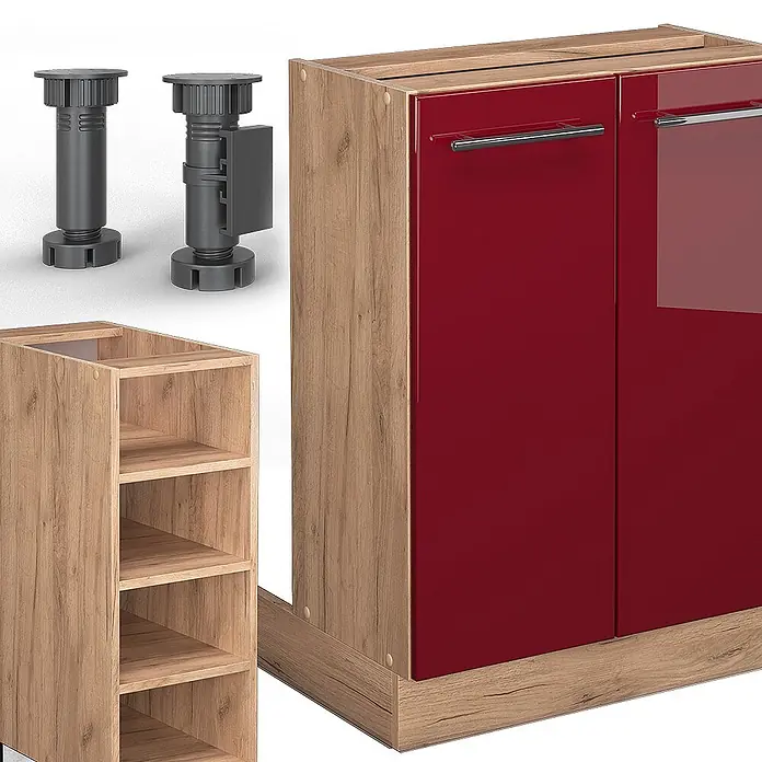 Vicco Inselküche Fame-Line Bordeaux Hochglanz/Goldkraft Eiche ohne Arbeitsplatte - Bordeaux Hochglanz, Ohne Elektrogeräte - Verstellbare dunkelgraue Möbelfüße, ein helles Holzregal und ein passender Küchenschrank mit glänzenden roten Türen und Griffen.