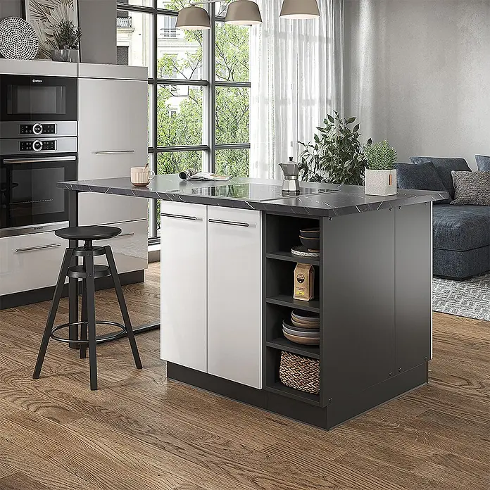 Vicco Inselküche Fame-Line Weiß Hochglanz/Anthrazit ohne Arbeitsplatte - Breite: 90 cm, Weiß Hochglanz, Ohne Elektrogeräte - Moderne Kücheninsel mit weißen und dunkelgrauen Schränken, dunkler Arbeitsplatte und integriertem Stauraum, als Ess- und Arbeitsbereich.