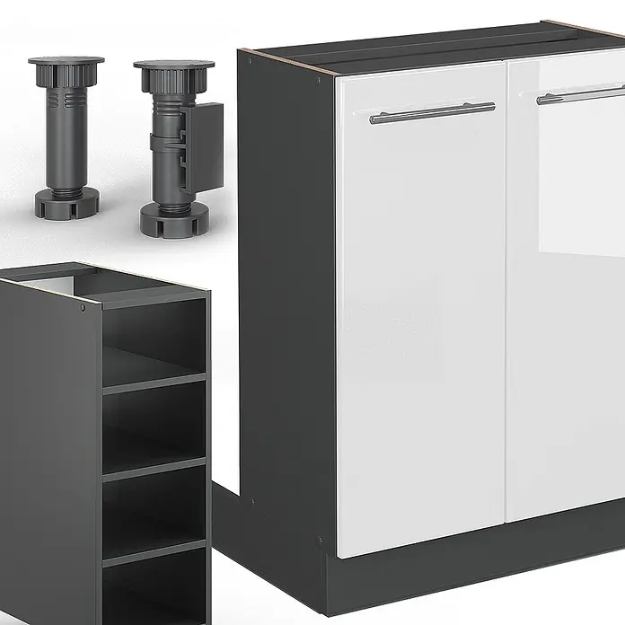 Vicco Inselküche Fame-Line Weiß Hochglanz/Anthrazit ohne Arbeitsplatte - Breite: 90 cm, Weiß Hochglanz, Ohne Elektrogeräte - Modulare anthrazitfarbene Küchenunterschränke mit weißen Türen, verstellbaren Füßen und einem offenen Regal.