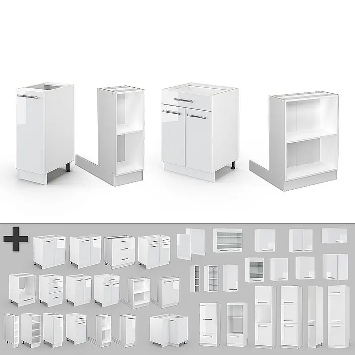 Vicco Inselküche Fame-Line Weiß Hochglanz/Weiß mit Schublade, ohne Arbeitsplatte - Weiß Hochglanz, Ohne Elektrogeräte - Eine Auswahl weißer, glänzender modularer Küchenschränke, inklusive Unterschränke, Hängeschränke und offene Regale.