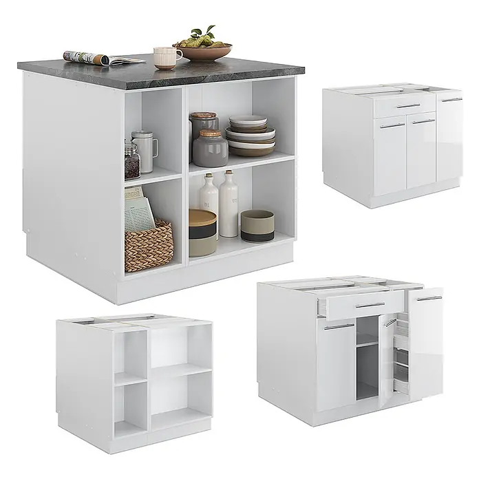 Vicco Inselküche Fame-Line Weiß Hochglanz/Weiß mit Schublade, ohne Arbeitsplatte - Weiß Hochglanz, Ohne Elektrogeräte - Weißer modularer Kücheninsel mit dunkler Arbeitsplatte und offenen Regalen, zusammen mit passenden Unterschränken mit Schubladen und Türen.
