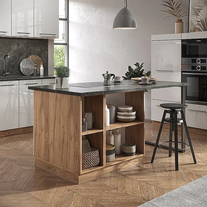 Vicco Inselküche Fame-Line Weiß Hochglanz mit Schublade, ohne Arbeitsplatte - Weiß Hochglanz, Ohne Elektrogeräte - Holzkücheninsel mit dunkler Arbeitsplatte und offenen Regalen, mit integriertem Kochfeld und erweitertem Sitzbereich mit Barhocker.