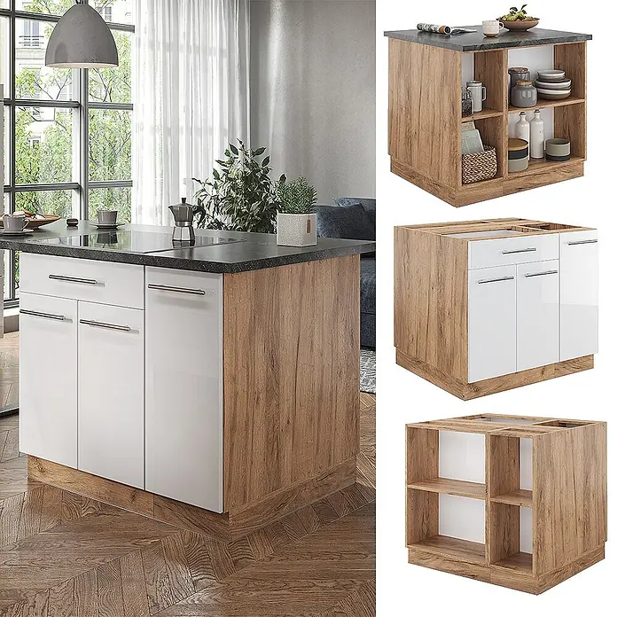 Vicco Inselküche Fame-Line Weiß Hochglanz mit Schublade, ohne Arbeitsplatte - Weiß Hochglanz, Ohne Elektrogeräte - Moderne Kücheninsel mit Holzoptik-Rahmen, weißen Glanztüren, dunkler Arbeitsplatte und offenen Regalen, in Küchenumgebung.
