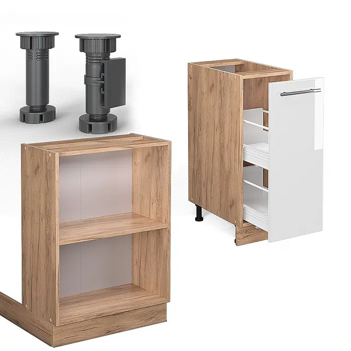 Vicco Inselküche Fame-Line Weiß Hochglanz mit Schublade, ohne Arbeitsplatte - Weiß Hochglanz, Ohne Elektrogeräte - Verstellbare graue Möbelfüße, ein offenes Regal in heller Holzoptik und ein passender Auszugsschrank mit weißer Front.